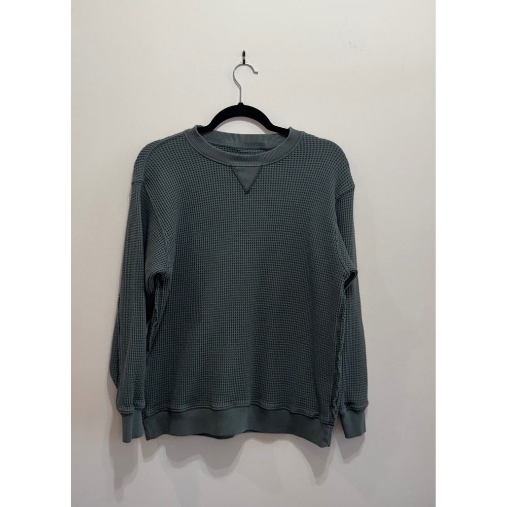 Aerie Waffle Knit Crewneck Sweatshirt Grey Green Thermal Long Sleeve XS